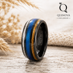 Black Tungsten Ring with Blue & Koa Wood Inlay