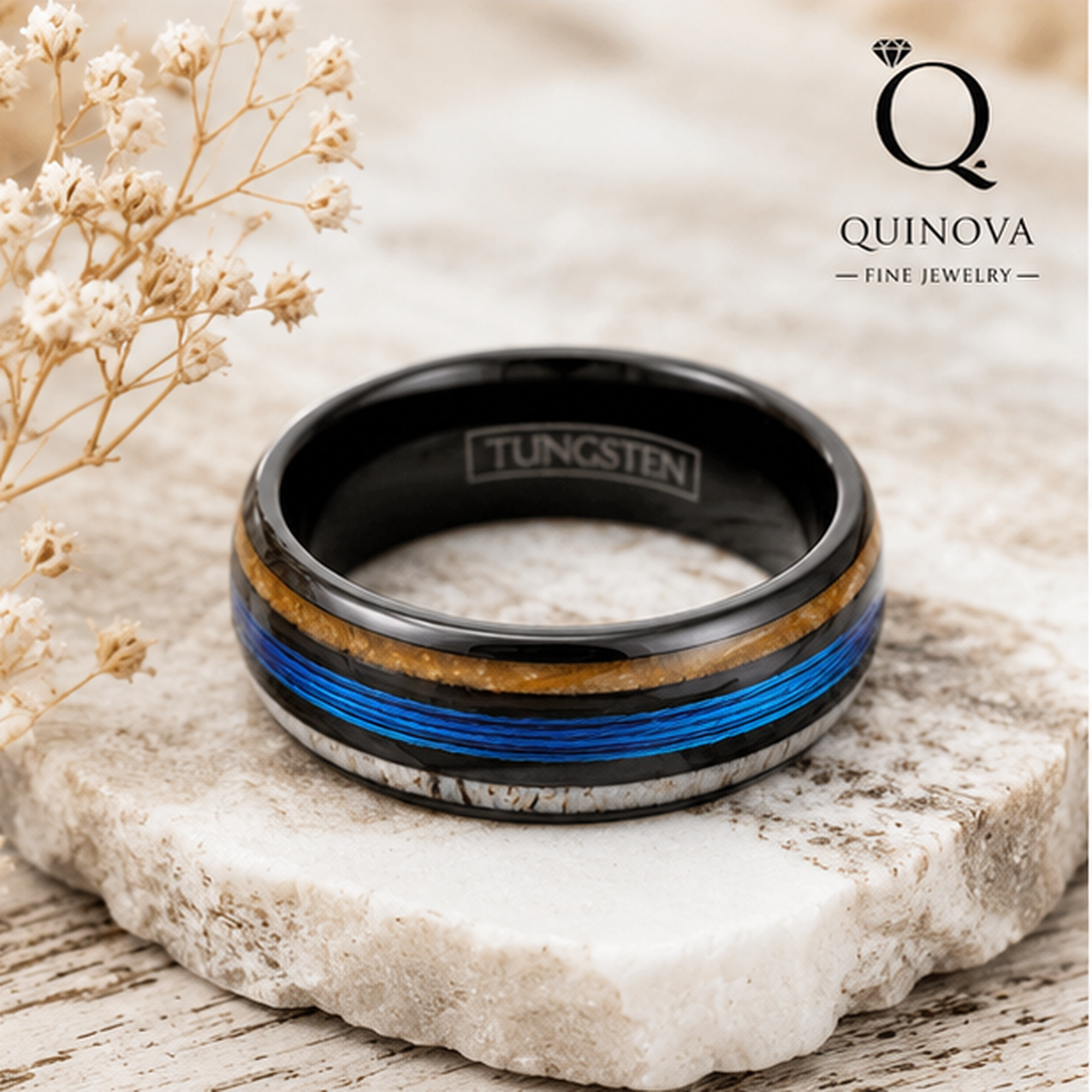 Black Tungsten Ring with Blue & Koa Wood Inlay - Image 3