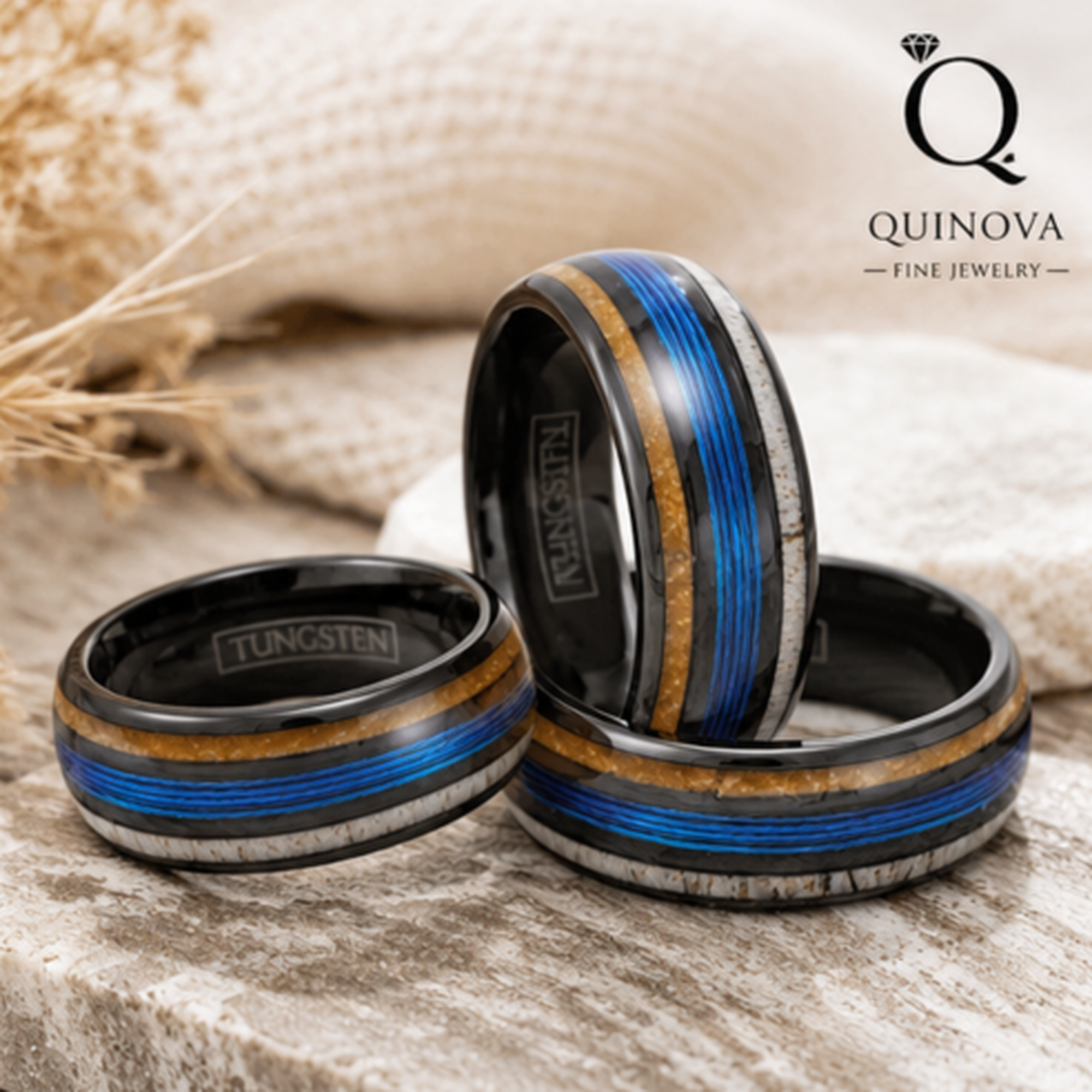 Black Tungsten Ring with Blue & Koa Wood Inlay - Image 4