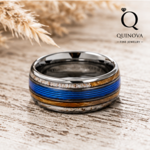 Silver Tungsten Ring with Blue & Koa Wood Inlay