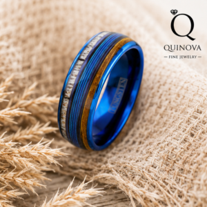 Blue Tungsten Ring with Blue & Koa Wood Inlay