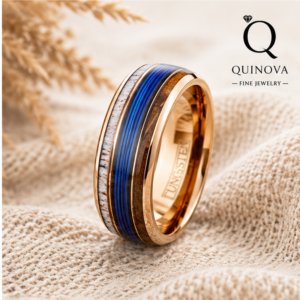 Gold Tungsten Ring with Blue & Koa Wood Inlay