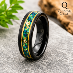 Black Tungsten Carbide Ring with Green Fire Opal Inlay