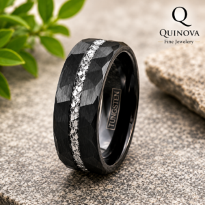 Hammered Black Tungsten Carbide Ring with White Meteorite Inlay