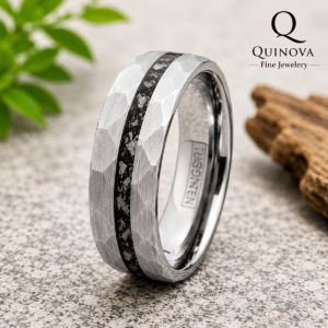 Hammered Silver Tungsten Carbide Ring with Black Meteorite Inlay