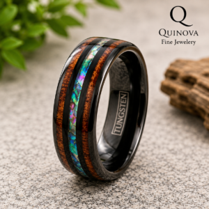 Black Tungsten Carbide Ring with Blue Opal & Hawaiian Koa Wood Inlay