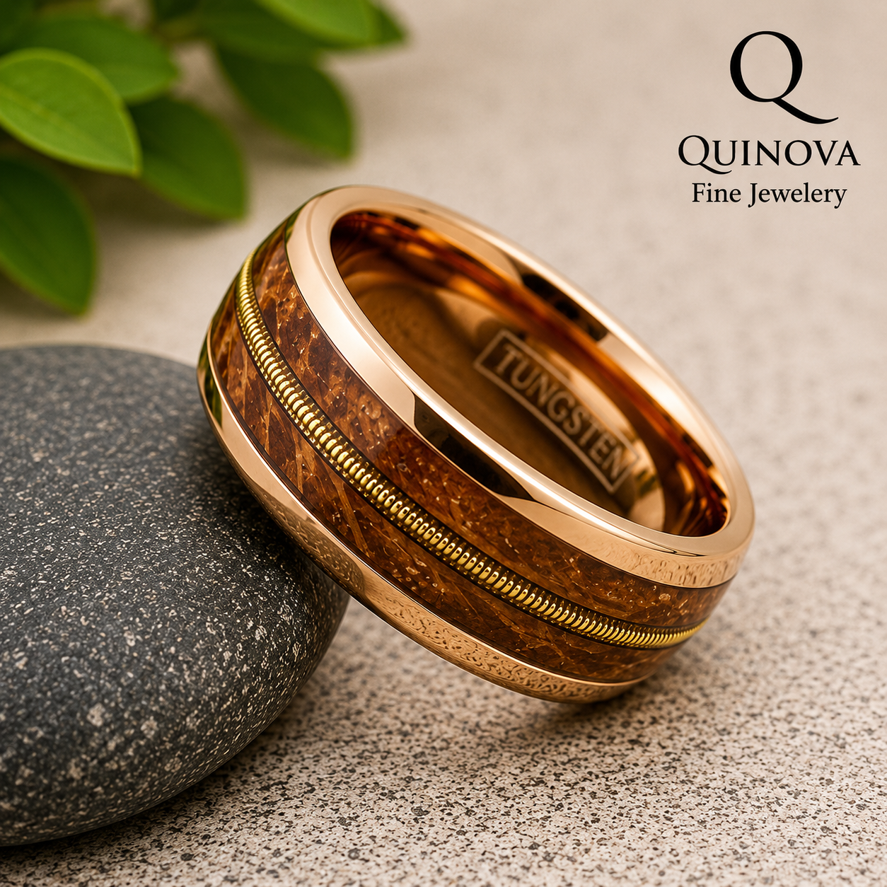 Tungsten Ring with Guitar String Whiskey Barrel Oak Wood - Image 3