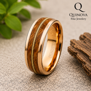 Tungsten Ring with Guitar String Whiskey Barrel Oak Wood