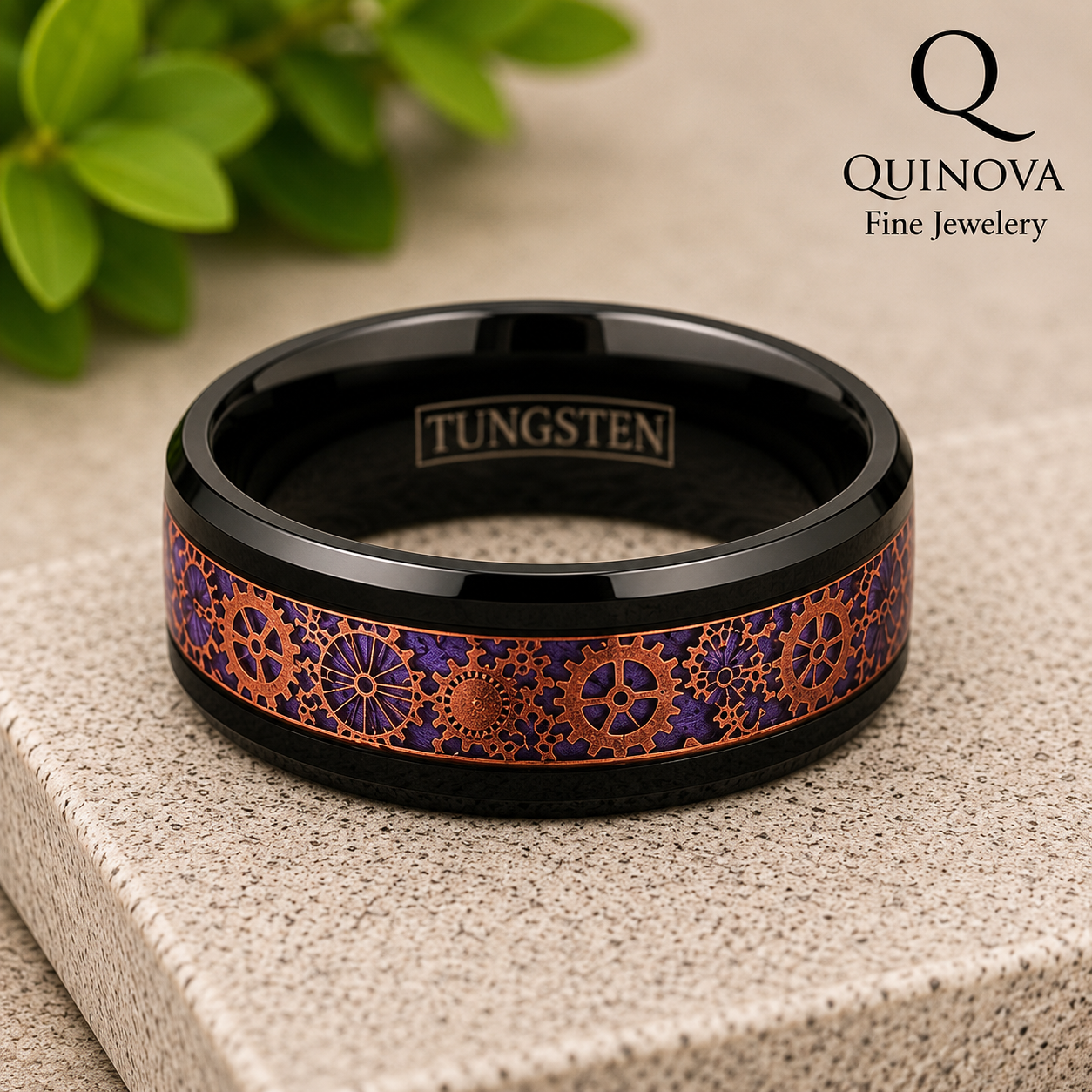 Tungsten Ring Purple Carbon Fiber Inlay Rose Gold Mechanical Gear - Image 3