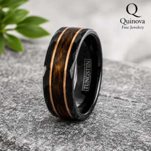 Men's Faceted Black Tungsten Wedding Ring with Koa Wood Inlay