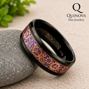 Tungsten Ring Purple Carbon Fiber Inlay Rose Gold Mechanical Gear