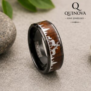 Men's Black Tungsten Deer Nature Scene Wood Ring